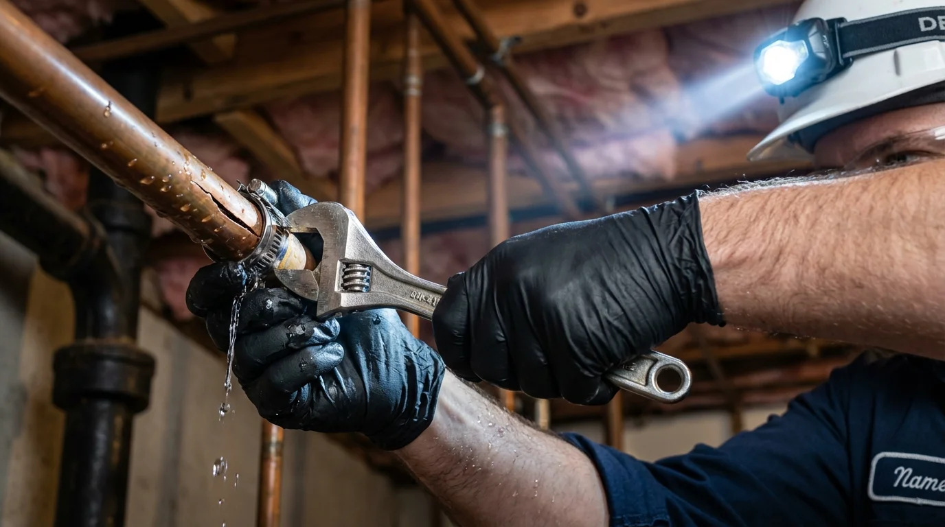 Emergency pipe clamp repair being performed by a Johns Plumbing LLC plumber in Bloomfield