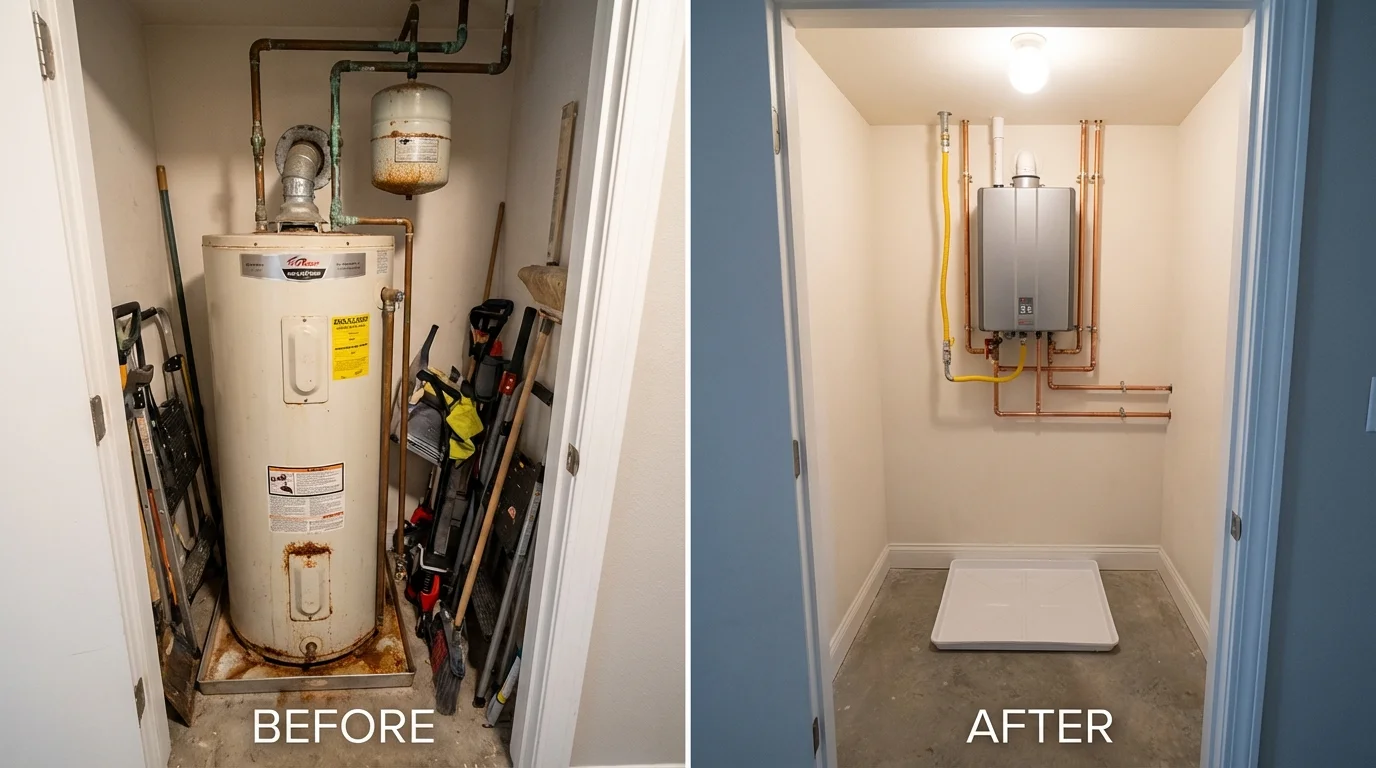 Tank water heater versus wall-mounted tankless unit comparison for Bloomfield, IA homeowners