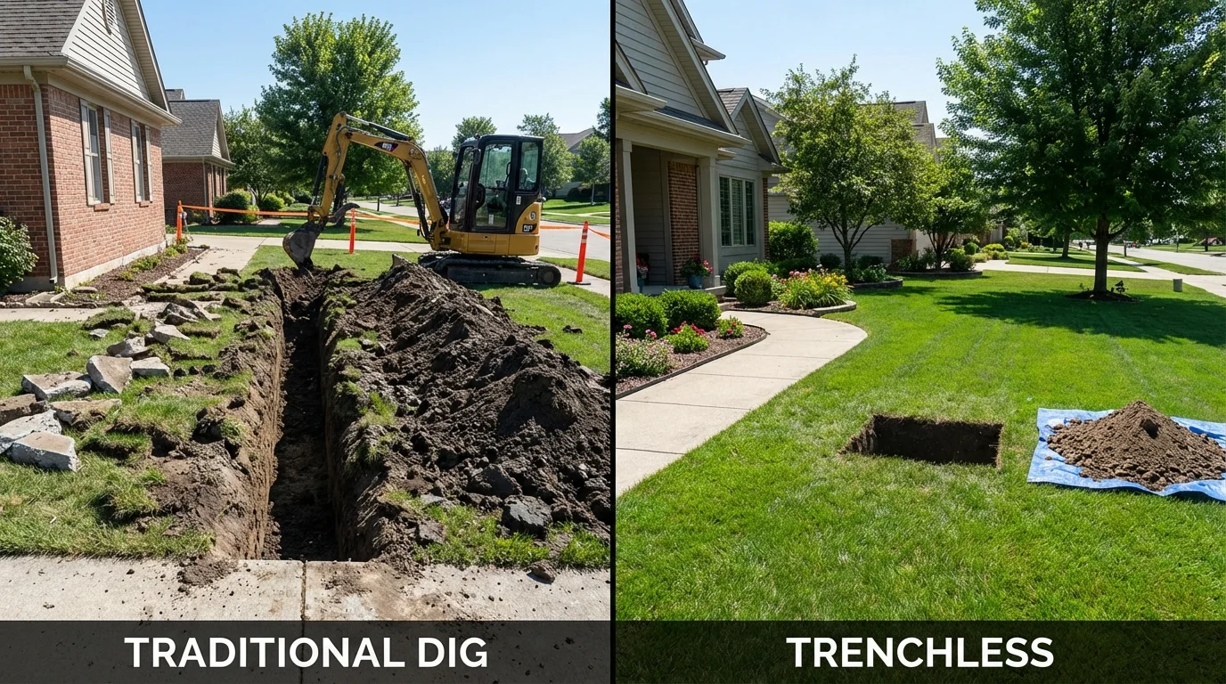 Trenchless sewer repair with minimal yard damage versus traditional excavation in Bloomfield, IA