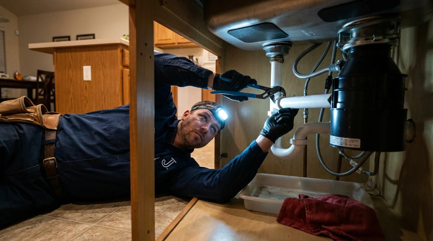 P-trap and supply line connections under a kitchen sink showing a common leak point in Bloomfield, IA